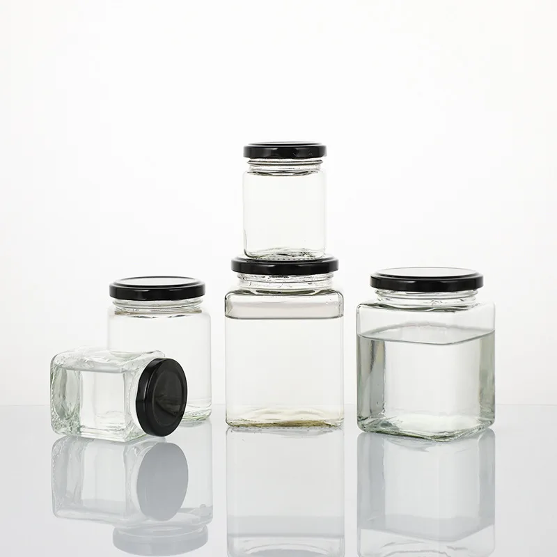 Glass Mason Jar 50ml 80ml 150ml 200ml 280ml 500ml square glass Jars with Black metal Lids For Storage Food Honey