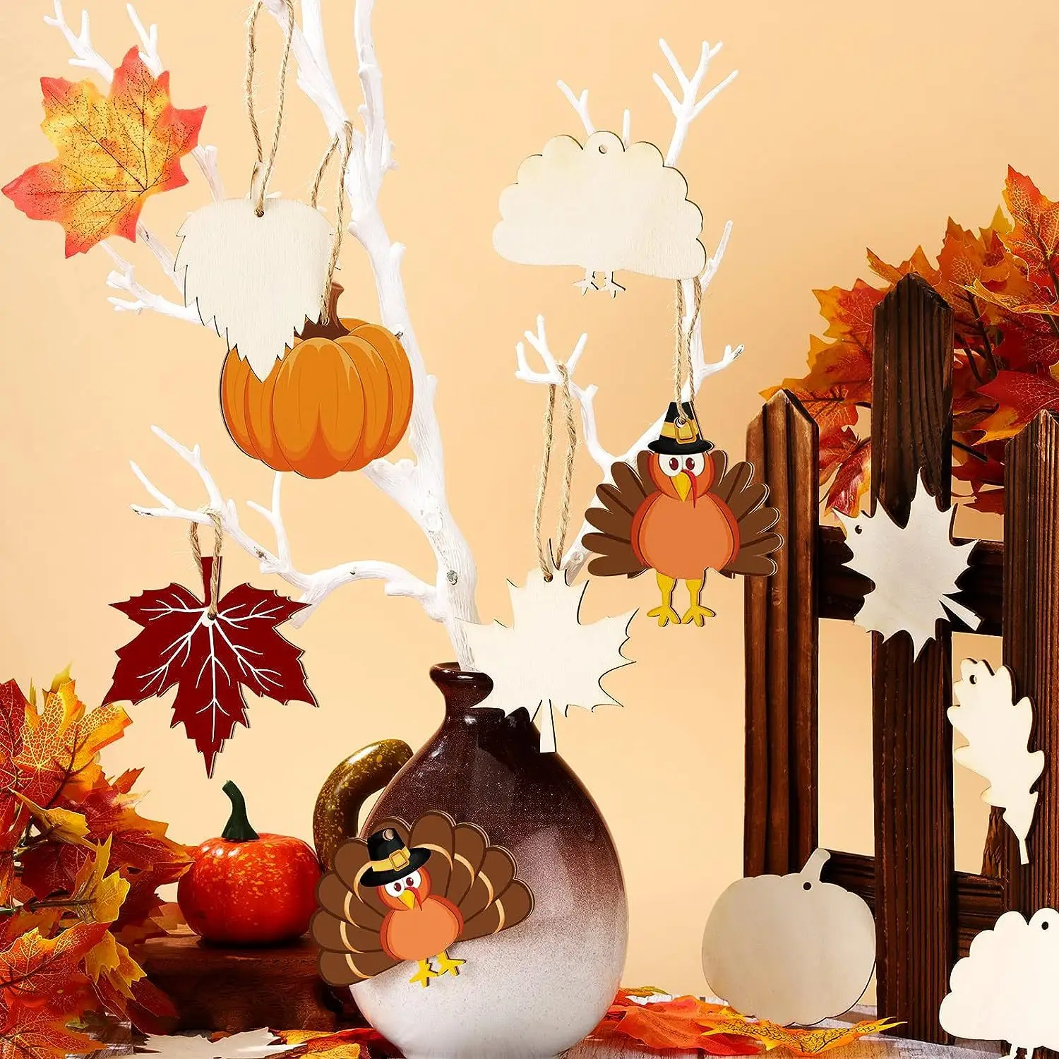 45 Autumn Thanksgiving Wooden Decorations Unfinished Tree Maple Leaf Pumpkin Turkey Wooden Crafts