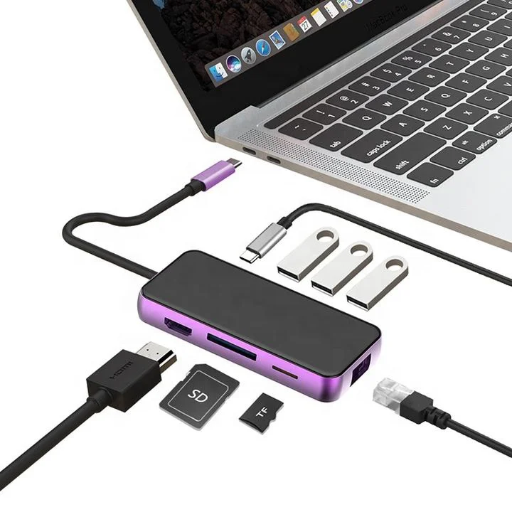 USB C Hub 8 in 1 with 4K HD+ Ethernet+USB 3.0+USB-C+SD/TF Card port multifunction type-c hub Adapter