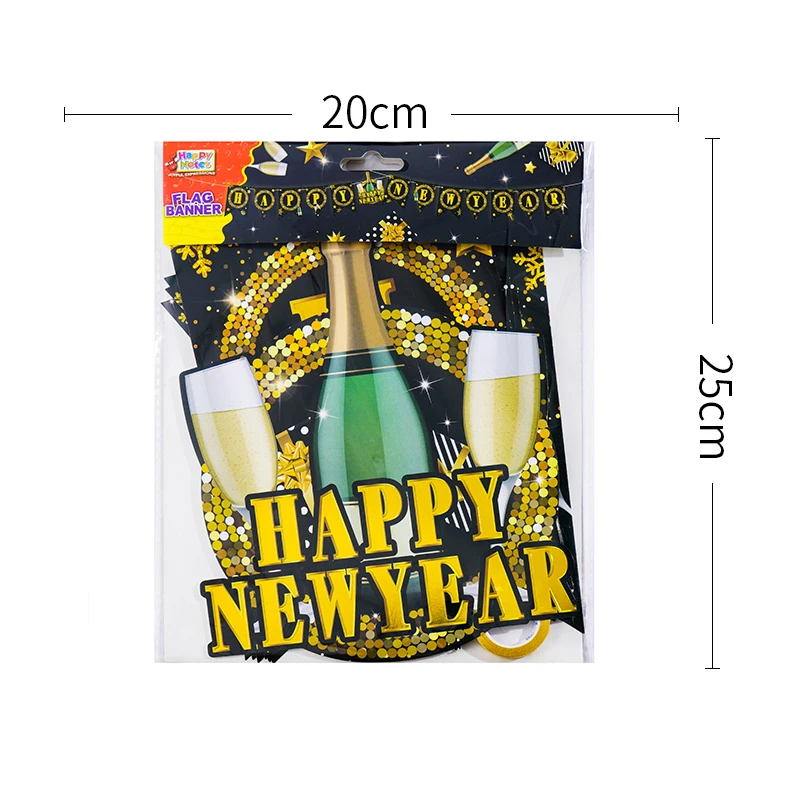 Happy New Year Fish Tail Flag Banner Luxury Hot Golden Foil Stamping KTV Bar Party Decoration Big Black Banners