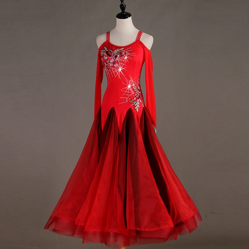 Professional modern dance red flowers competition dress ballroom dance group performance suit waltz tango skirts