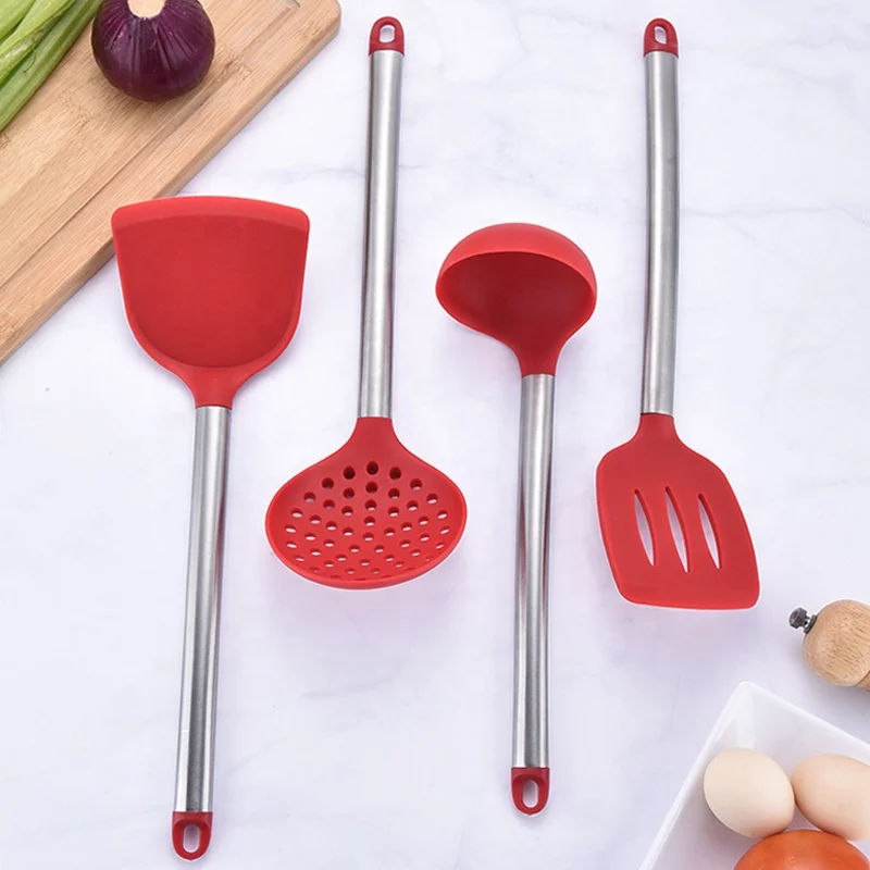 
8pcs Silicone Cooking Kitchen Set, Stainless Steel Handles Cooking Tool BPA Free Non Toxic Silicone Turner Tongs Spatula 