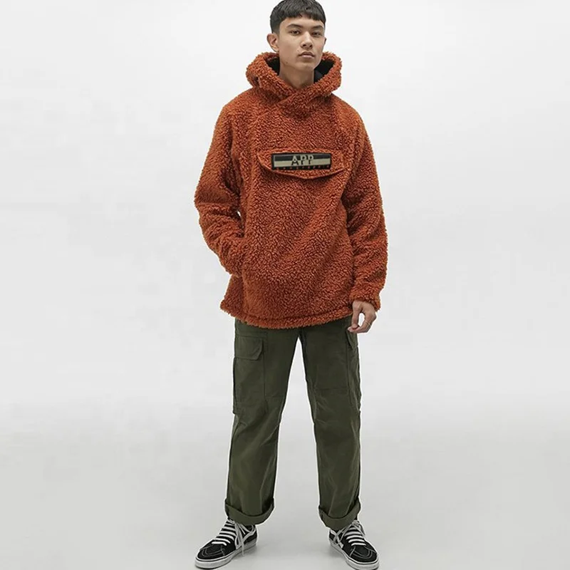 Streetwear Men Custom Logo Patch Oversized Thick Soft Teddy Warm Hoodie Sherpa Fleece Hoodie