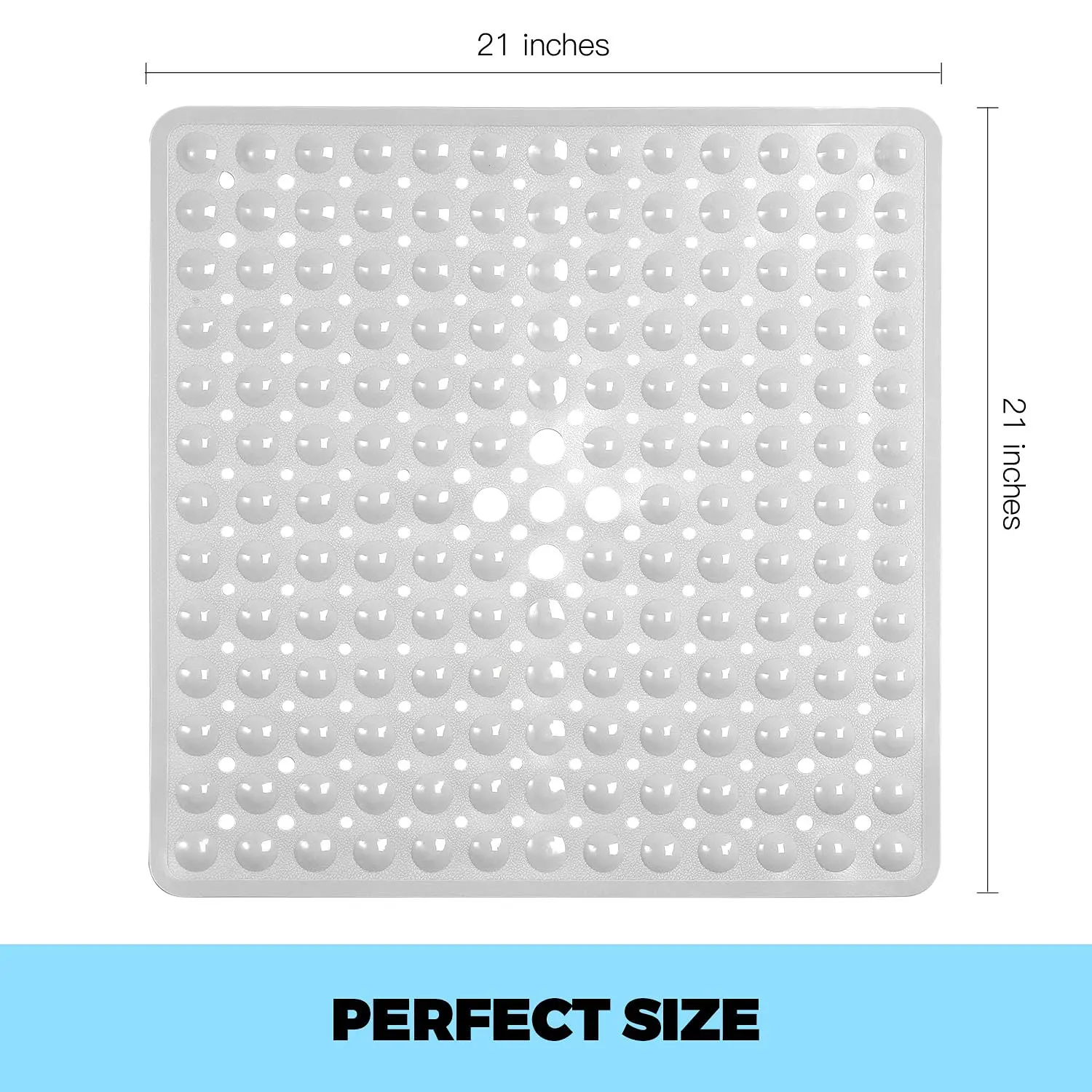 Clear Square Non Slip PVC Bath Mat 21 x 21 in for Bathroom Floor with Strong Suction Stable Anti Slip Bathtub Shower  Mat