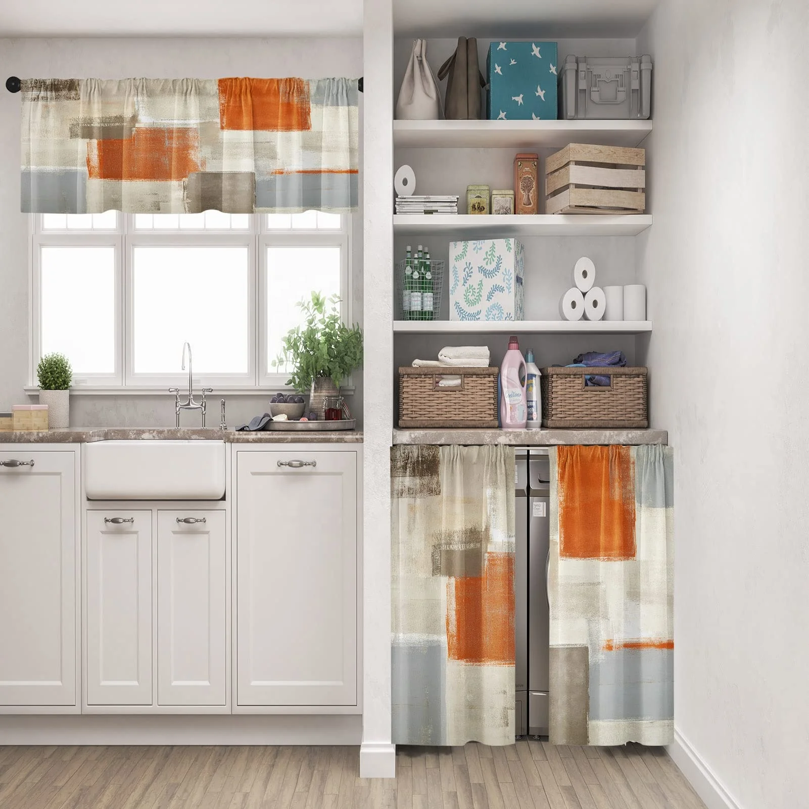 Modern Painting Short Abstract Art Orange Kitchen Curtains Valance And Tiers 3 Pieces Set