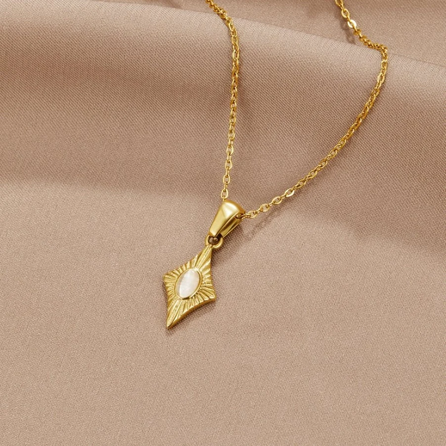 Milskye elegant jewelry 925 sterling silver 18k gold plated rhombus luna white opal necklace