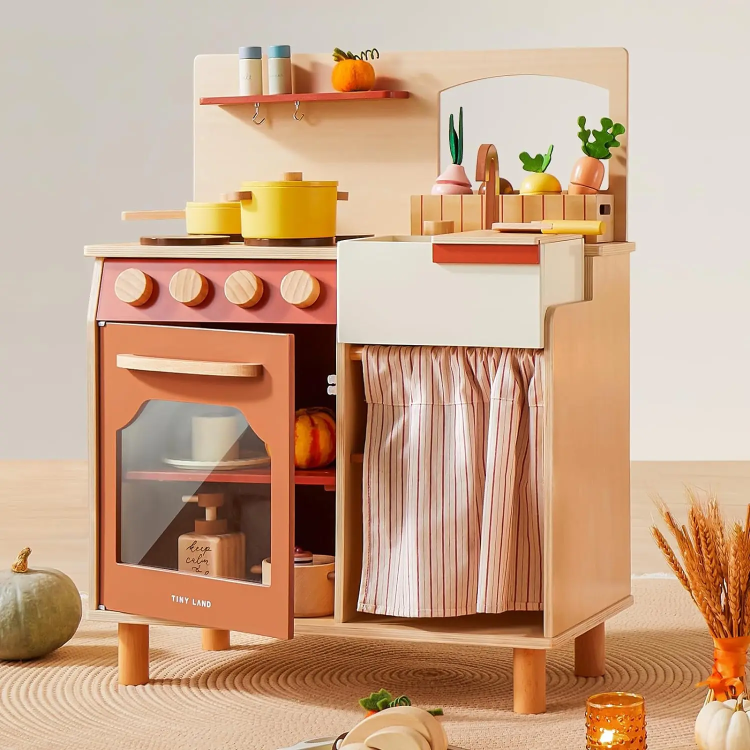 Tiny Land Play Kitchen Set Toddler Kitchen with Cutting Food Set Wooden Kitchen Sets for Kids