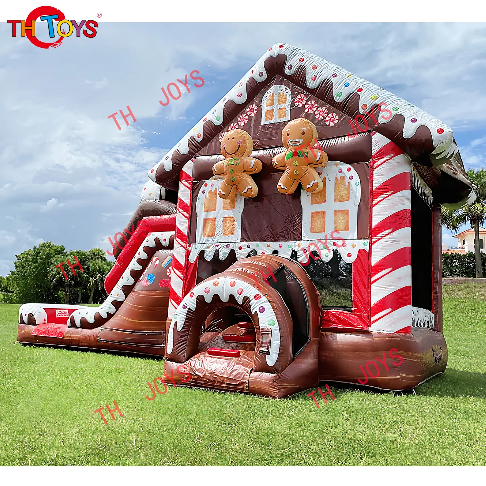 Gingerbread Bounce House With Dry Slide Combo Candy Inflatable Christmas Gingerbread Man Jumping Bed