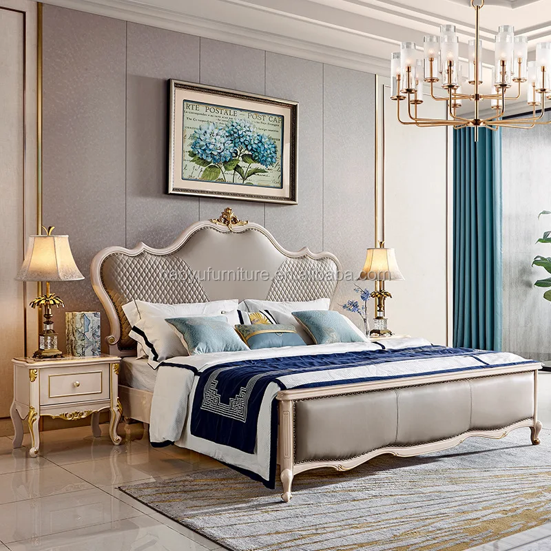 1603#Antique Luxury European Baroque Bed French Provincial Wedding Hand Carved Wooden MDF Bedroom Set Cardboardfurniture