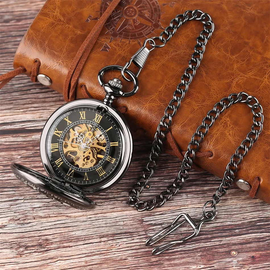 Black Gear Wheel Hollow Roman Numerals Pocket Watches Hunter Mechanical Pocket Watch Hand Winding Mechanical Pocket Watch