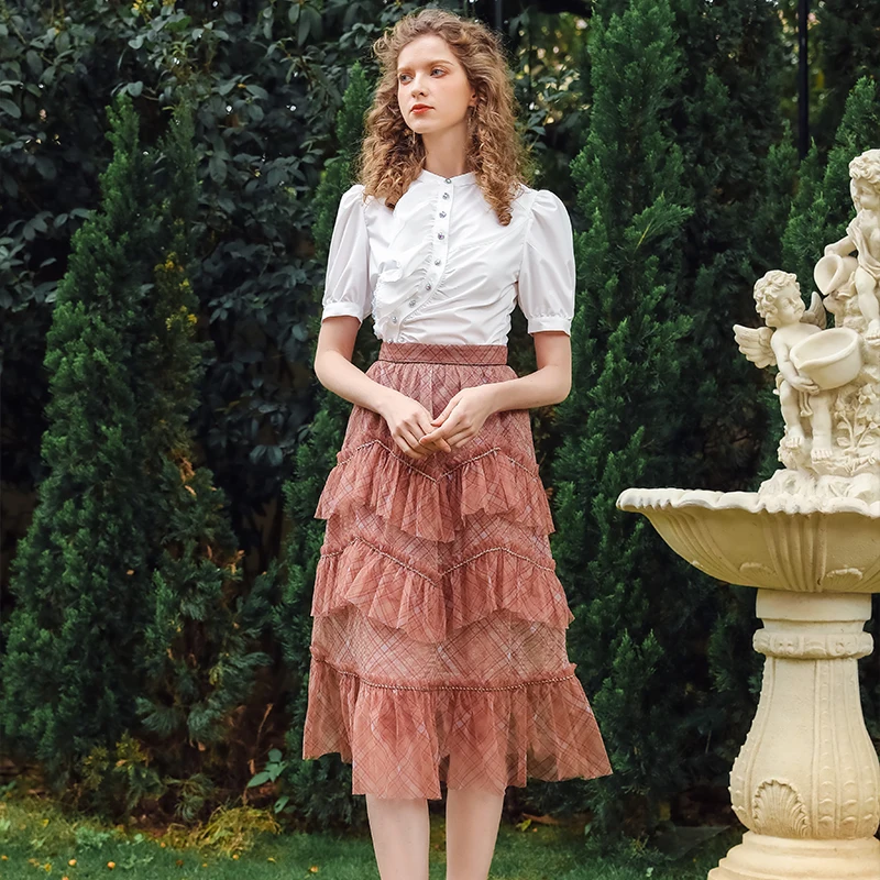 Christmas And Party Gauzel Skirt Fashionable Pink Plaid Skirt Womens Elegant Tiered Long Skirts