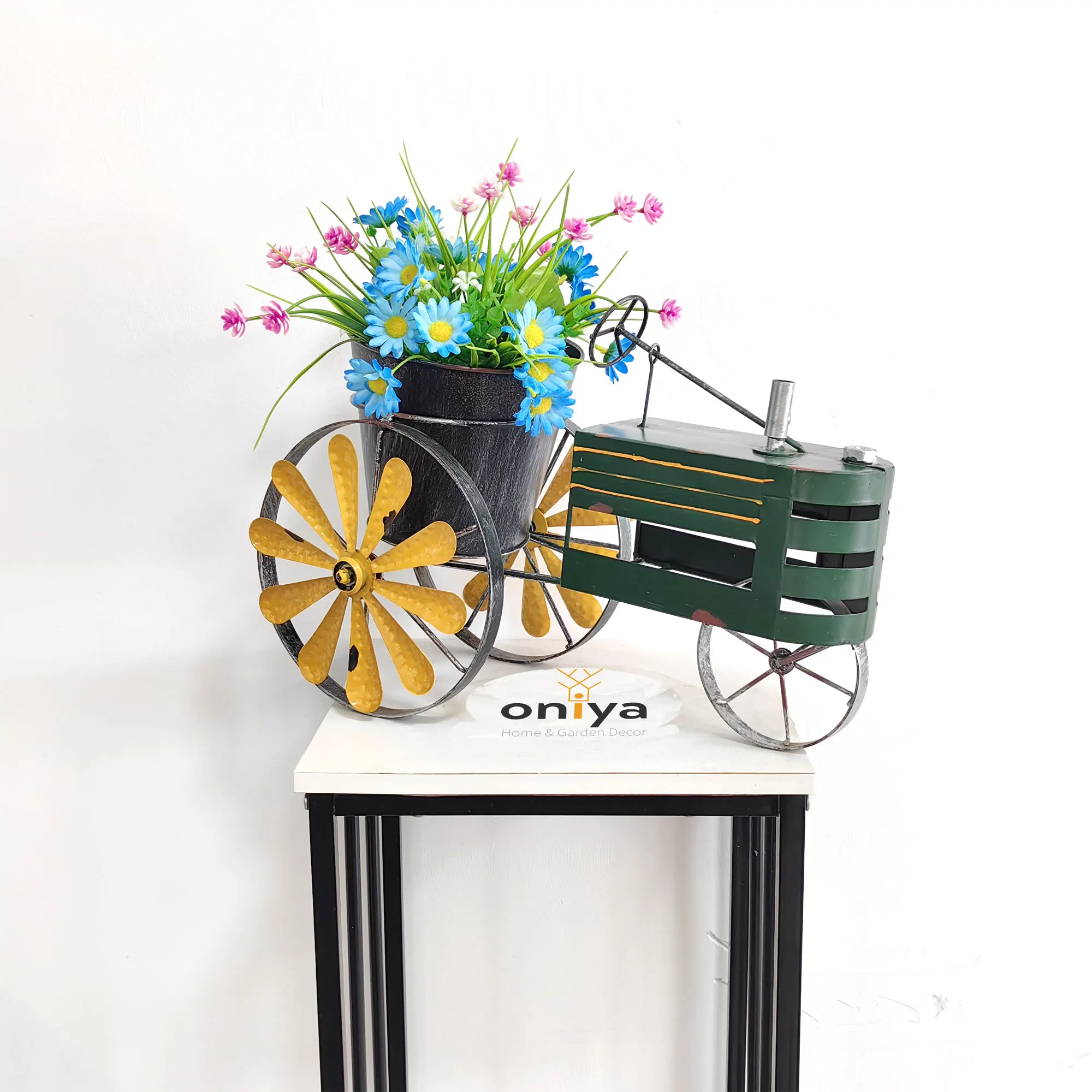 Oniya Indoor Freestanding Garden Decor Colorful Metal Tractor Windmill Planter with Flower Pot