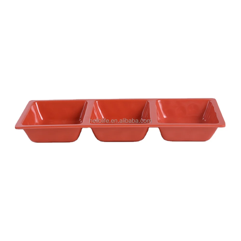 Colorful customized Christmas Red long rectangular Melamine food snack divider 3 section relish tray
