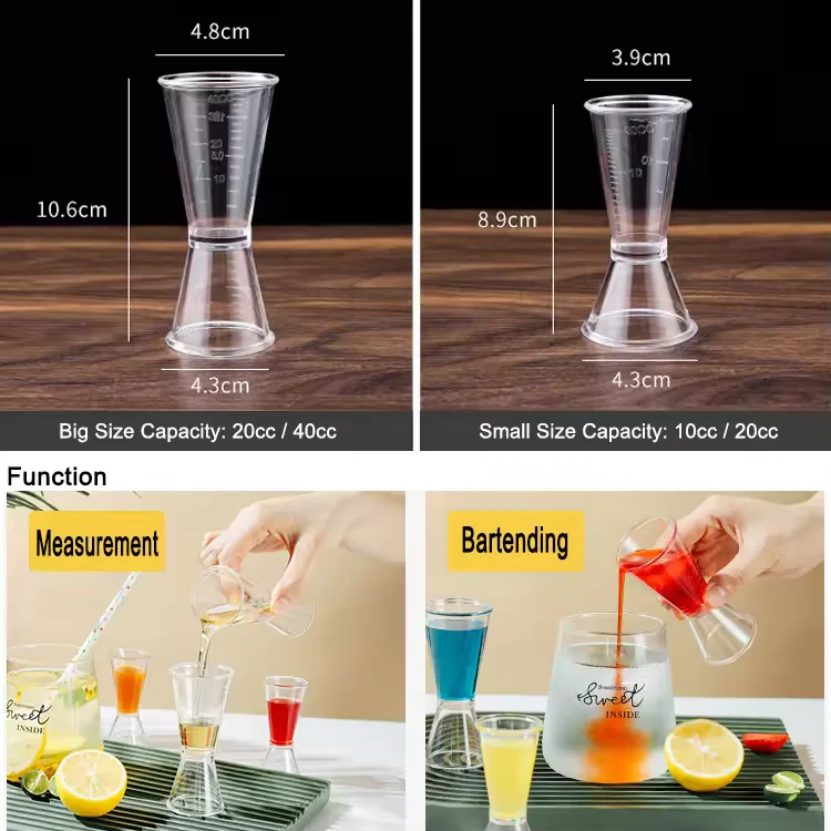 Transparent 20 40ml Double Jigger Bartender Measuring Cup  Resin Double Cocktail PC Plastic Jigger for whisky vodka