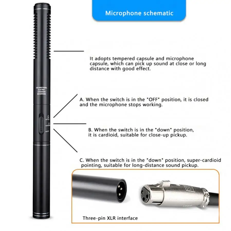 SUM-MG2 Shotgun Microphone with Sponge Cover Interview Microphone for DSLR Camera Camcorder Effective Range