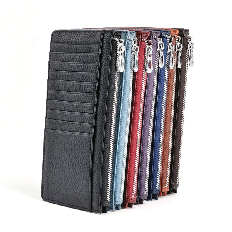 Simple Genuine Leather Zipper Cell Phone Wallet Bag Multi-Card Slots Long Cards Wallet