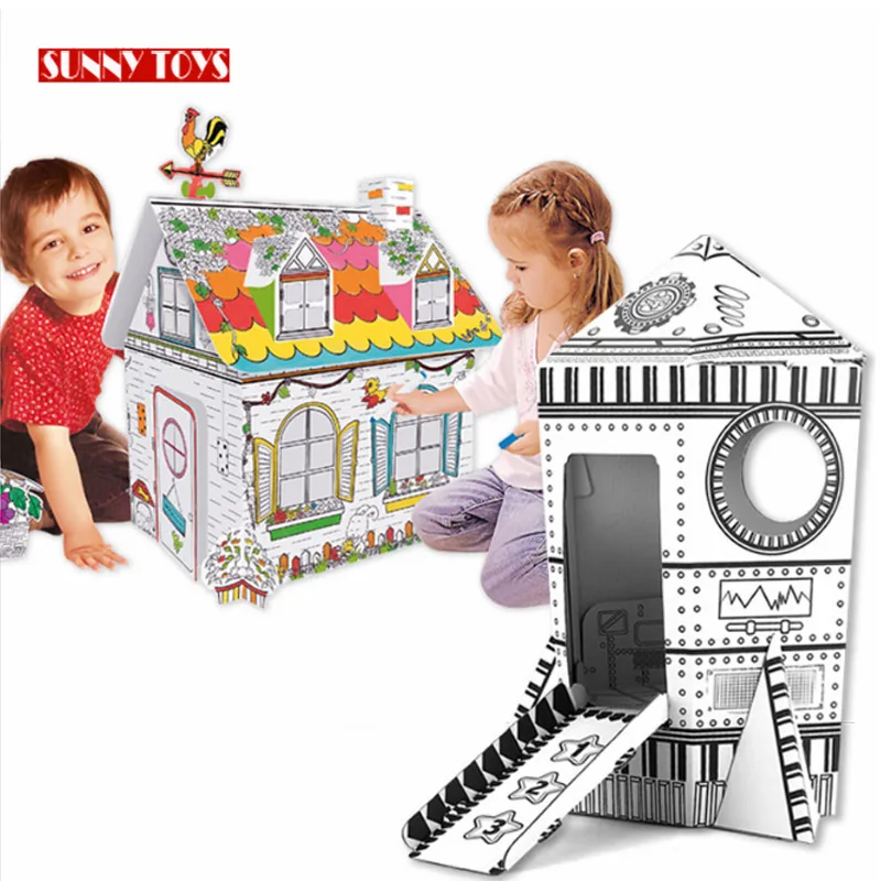 creative kids painting graffiti toy large paper DIY doodle doll house 3D cardboard house for children