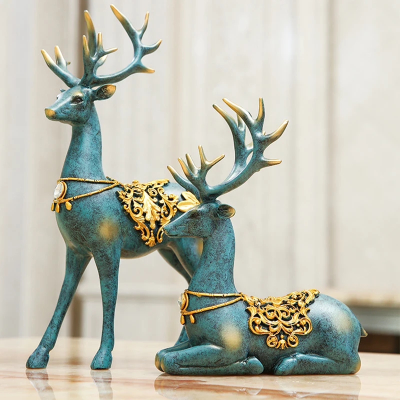 2 Pcs European Style Resin Deer Figurine Statue Home Room Decor Crafts Sculpture Modern Art ornaments