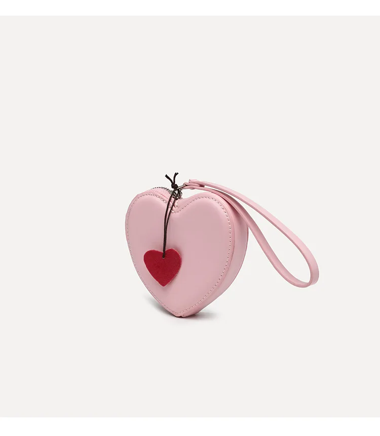 Hot Sale Vegan Smooth Leather Heart Shape Coin Purse Mini Cute Wallet With Wristlet Zipper Coin Purse for Lady