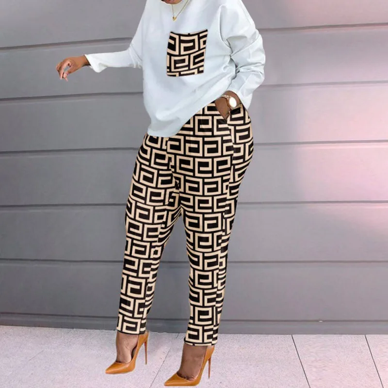 Spring Fashion Print Long Sleeve Plus Size Two Piece Pants Women Casual Fire Set