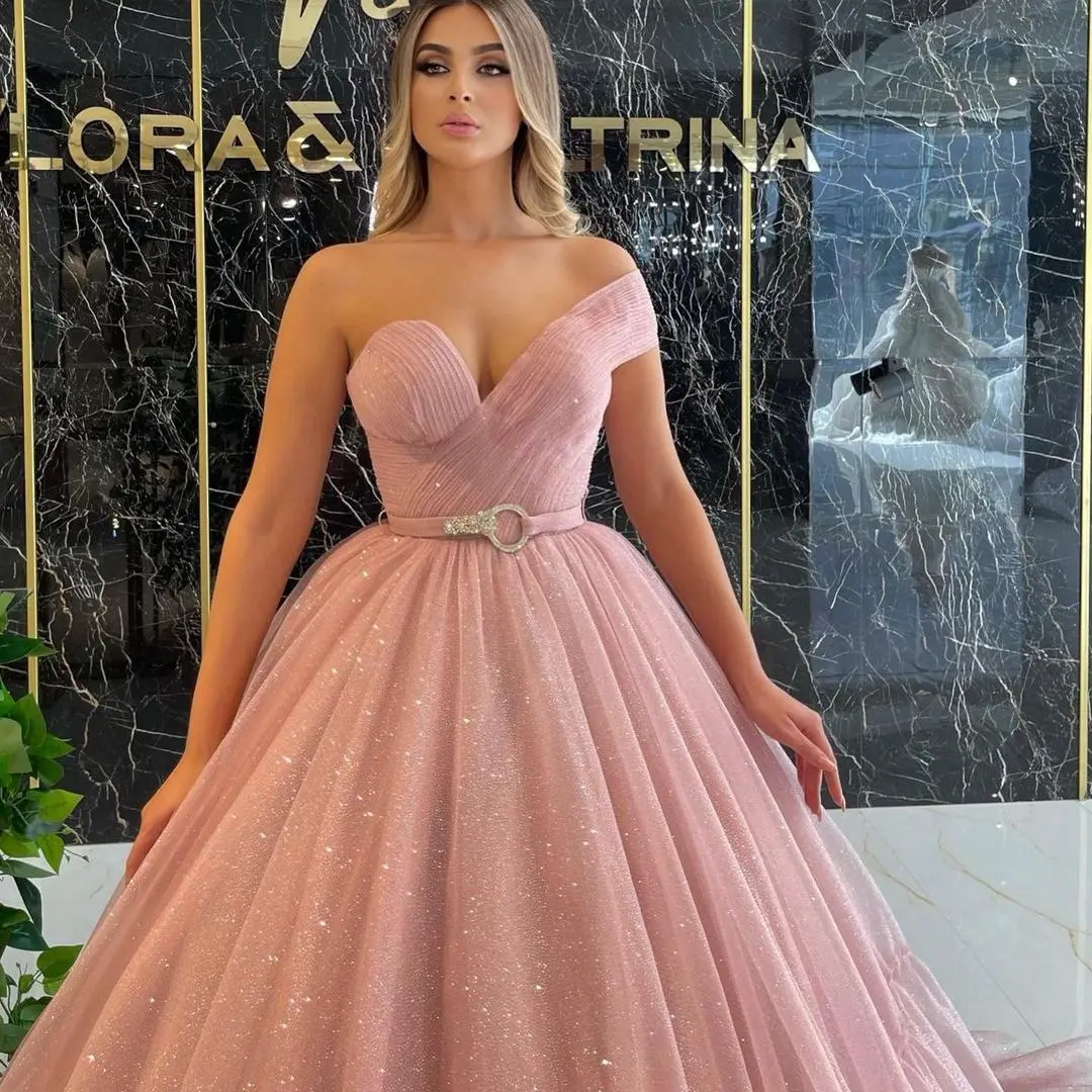2022 new big swing dress pink irregular one shoulder mesh alibaba african wedding party dress for women