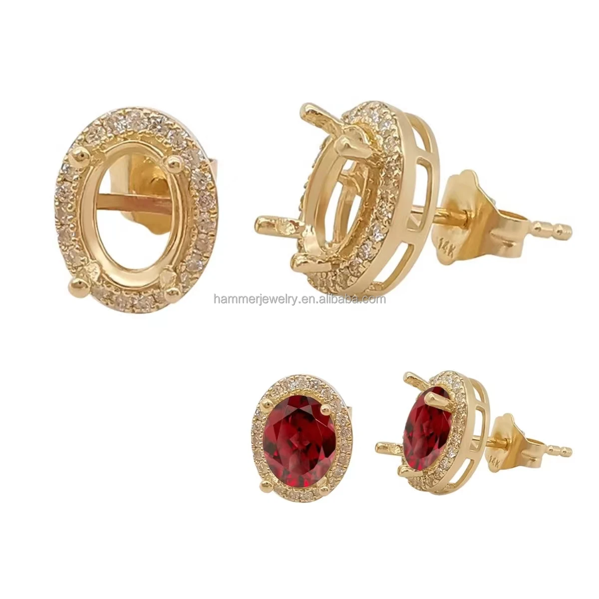 Professional Custom 14k Solid Gold Inlay Diamond Stud Oval Stone Earrings Semi Mounting Settings For Jewelry Making