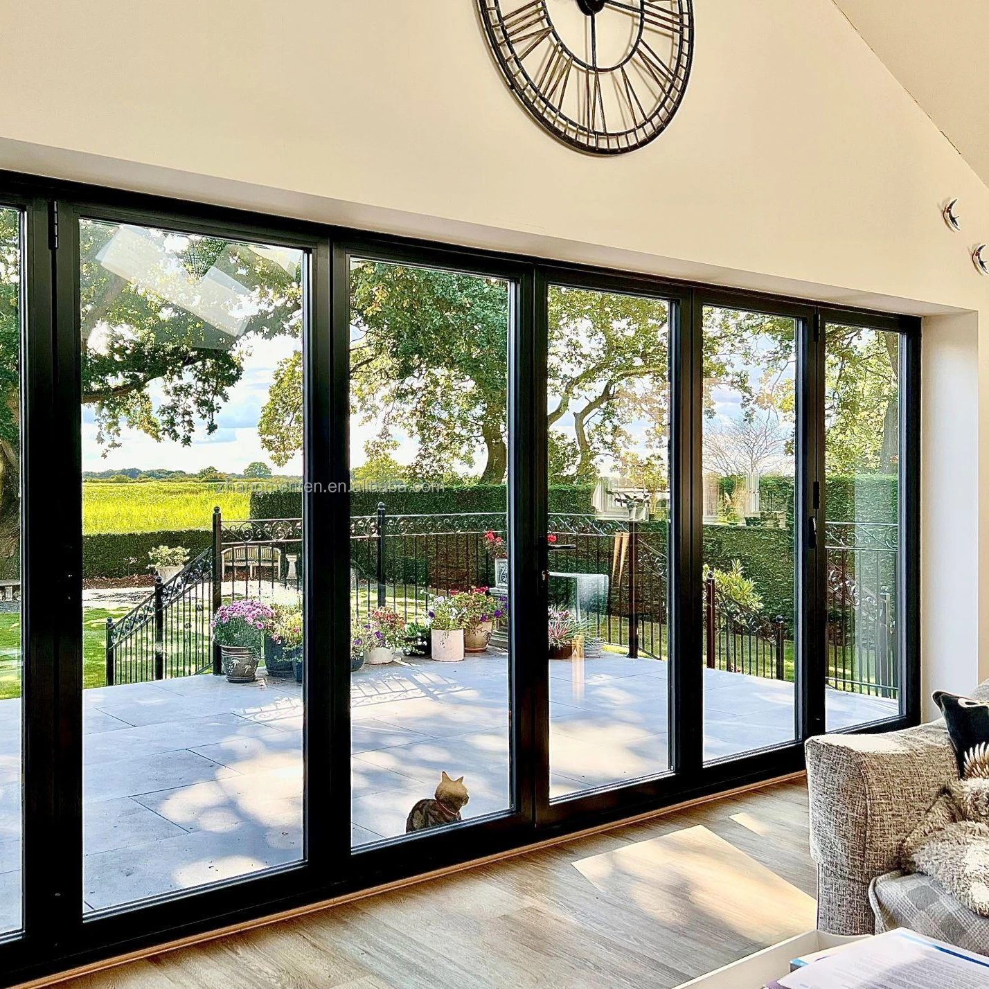 ZMR термальные разрывные двойные двери, алюминиевые складные наружные патио, алюминиевые двойные складные стеклянные двери гармошкой с дизайном гриля