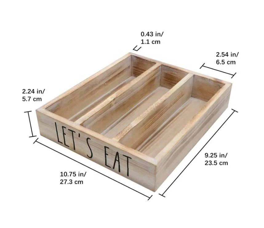 Custom Three Lattice Wooden Bar Caddy For Spoon Fork Knife Straw Kitchen Tableware Storage