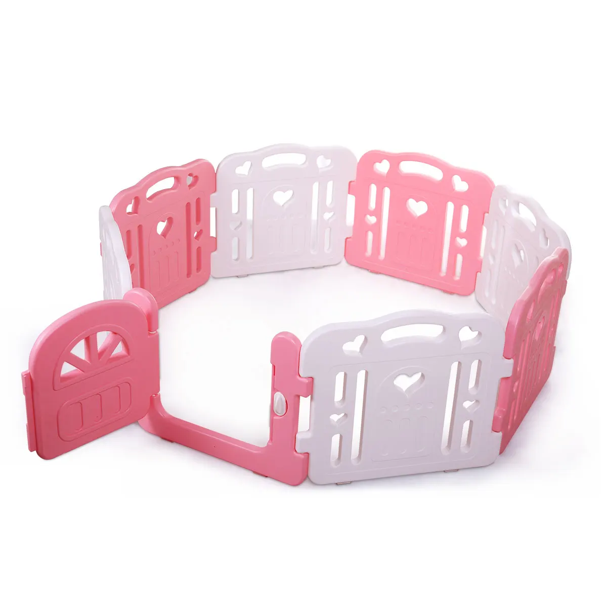 8-Panel Baby Fence, Toddlers Playpen with Safety Lock, Kids Play Center Indoor Outdoor, White and Pink