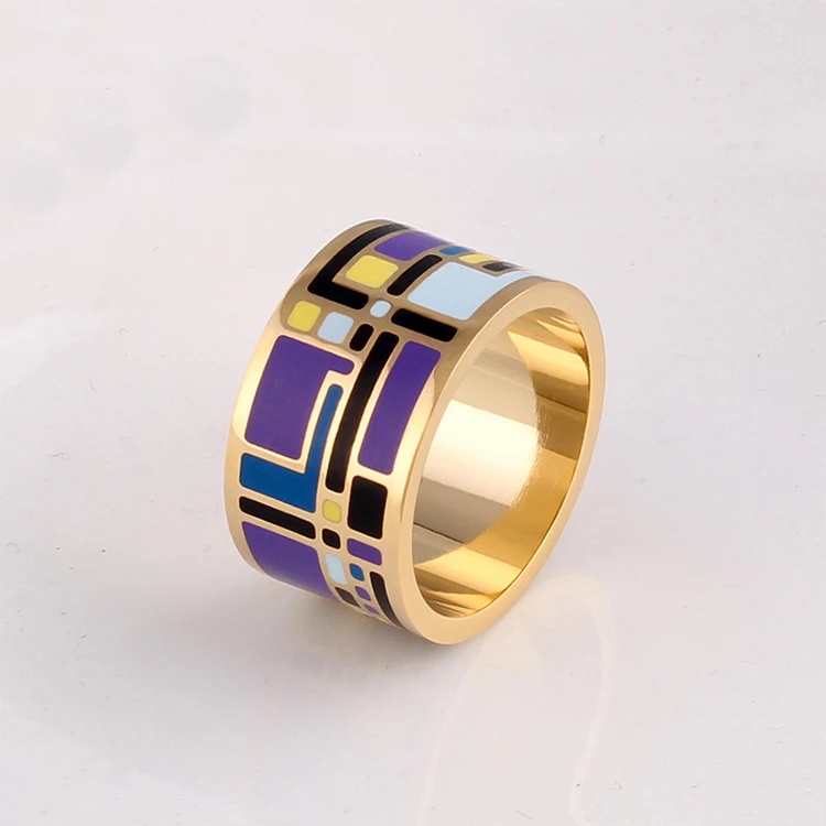 
Latest design Woman Gothic Style Custom Wide Ring Gold Plated Stainless Steel Enamel Ring 