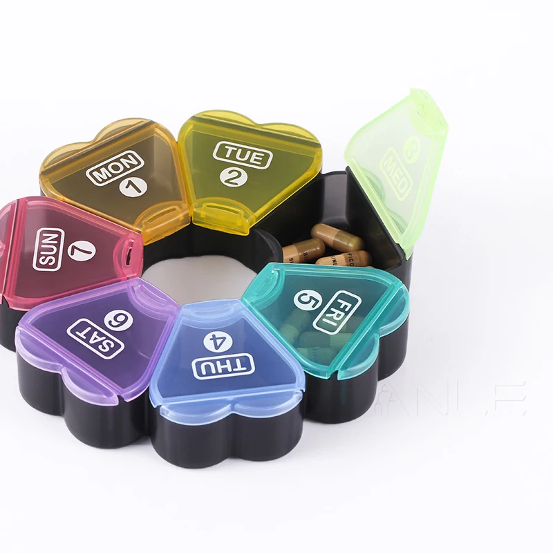 Portable plastic pill dispensing containers round weekly pill case custom  logo decorative unique pill box