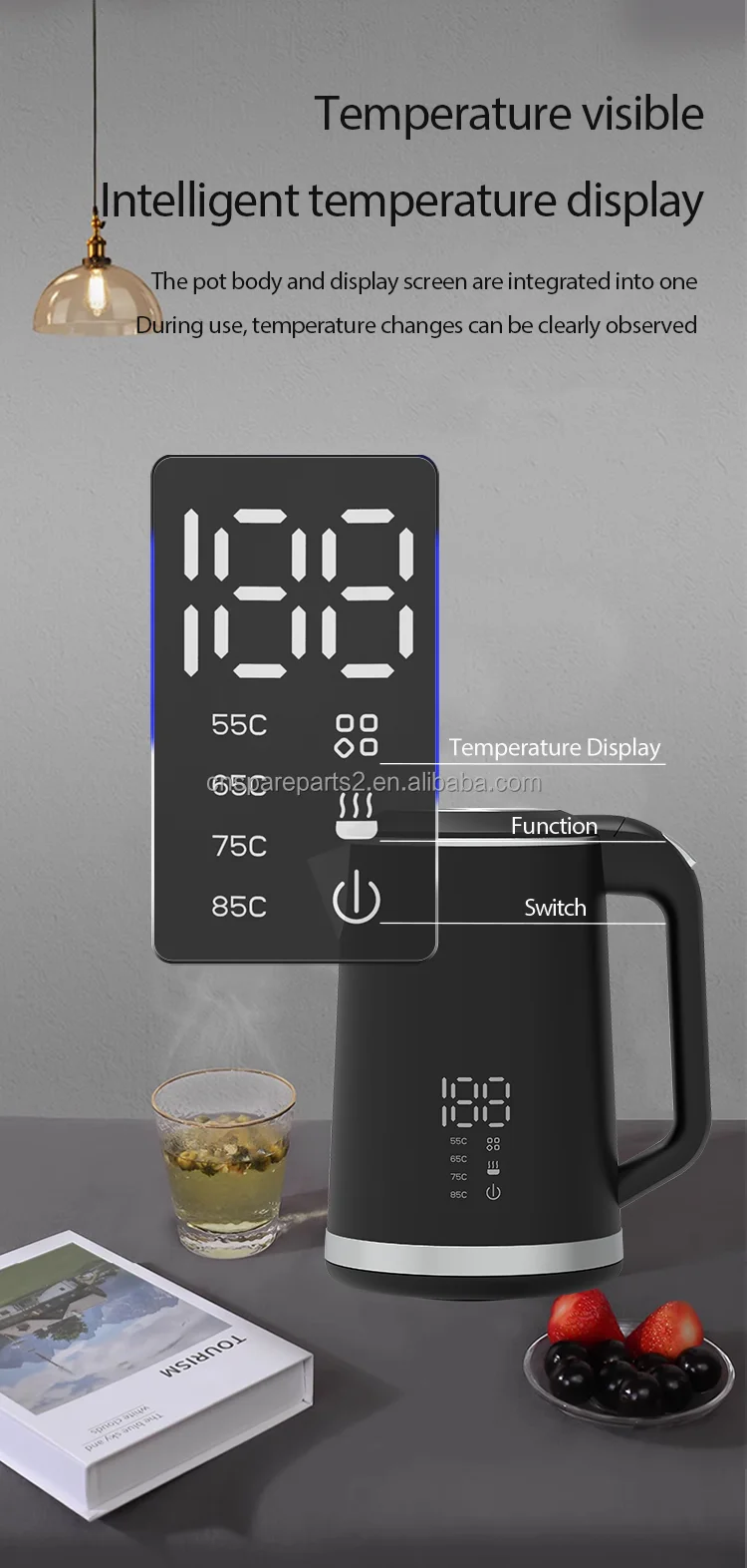 YUEKON Smart Portable Electric Kettle With Digital Display 1500w 1.5l Double Wall Electric Kettle With Touch Sensitive Control