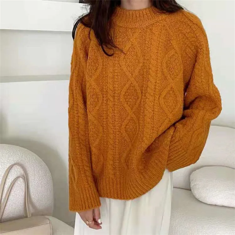 2021 autumn and winter new solid color knitted pullover sweater women retro thick needle twist thick sweater women