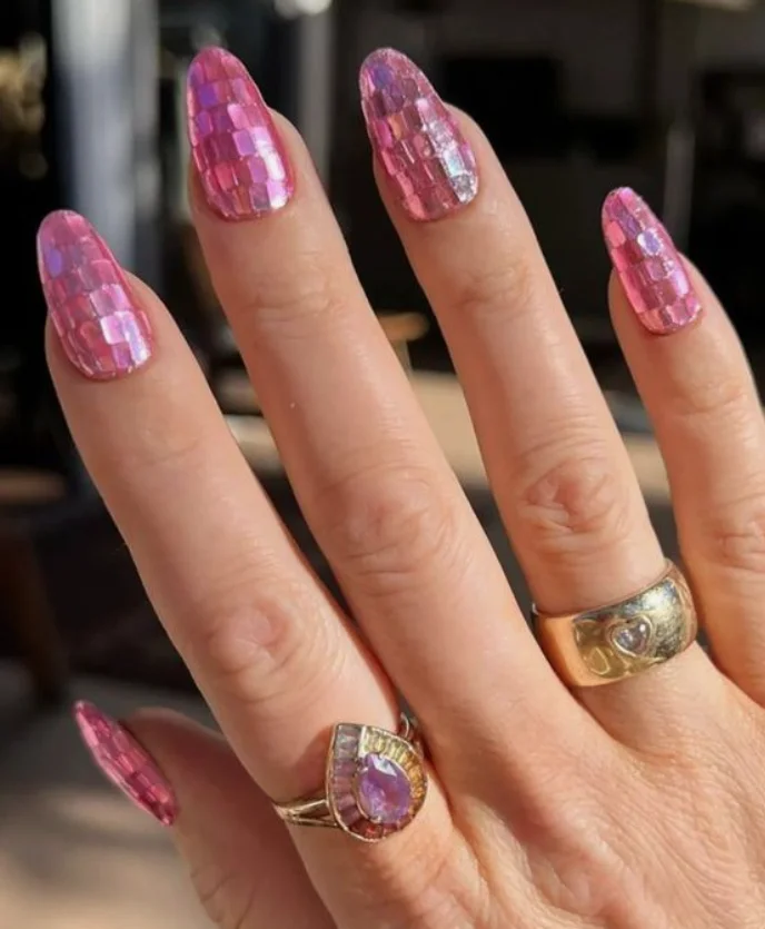 Mosaic Press On Nails Glitter Shiny Pink Artificial Nail Products Trend On False Nails Acrylic