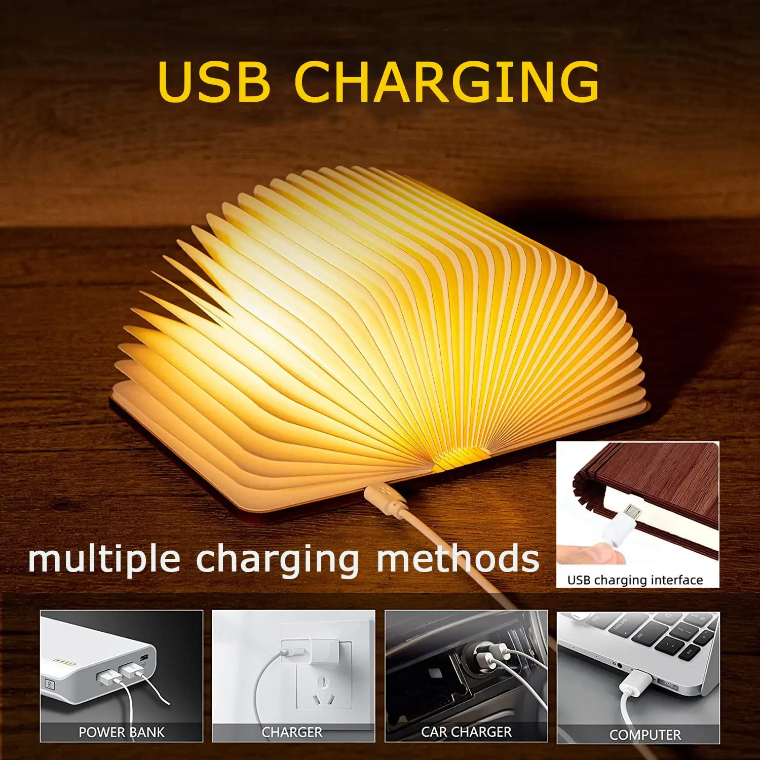 Folding book night Light bedside table lamp warm atmosphere creative home office decoration USB Recharge Wooden Book Light