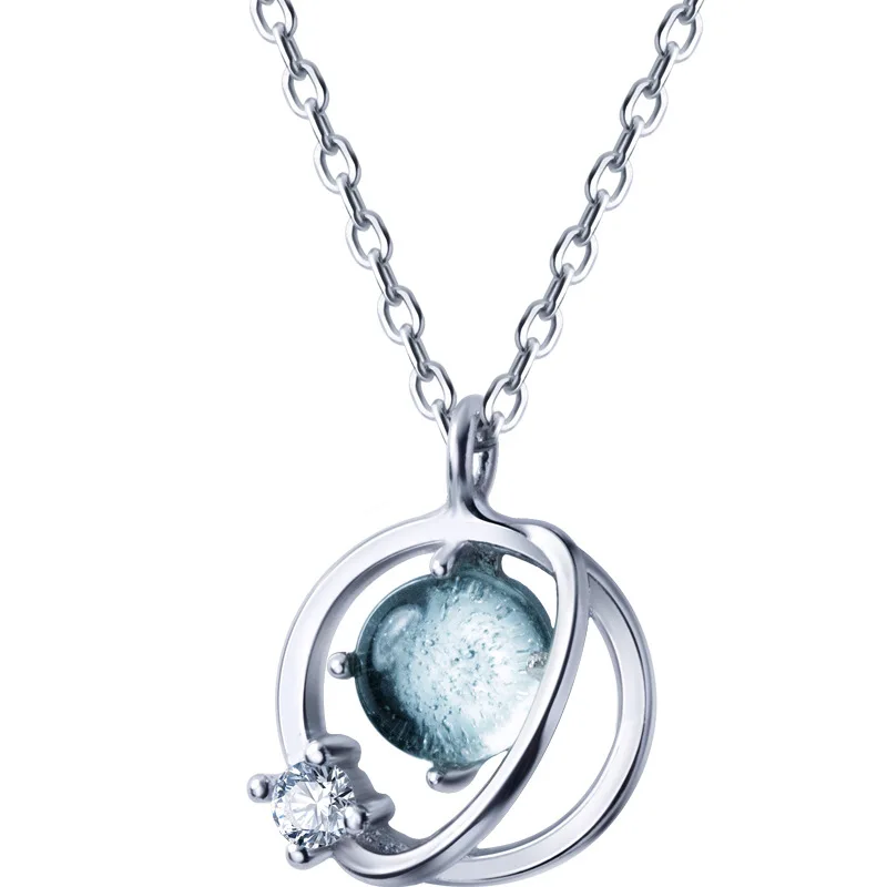 s925 silver aurora necklace female Japanese style diamond trend sweet circle planet short clavicle chain