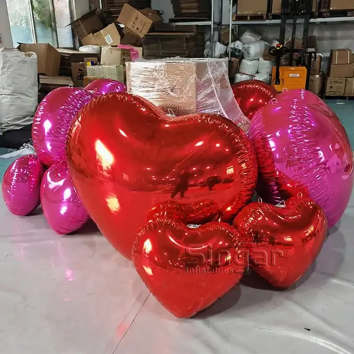 Giant valentine decoration inflatable red heart mirror ball big shiny heart balloon