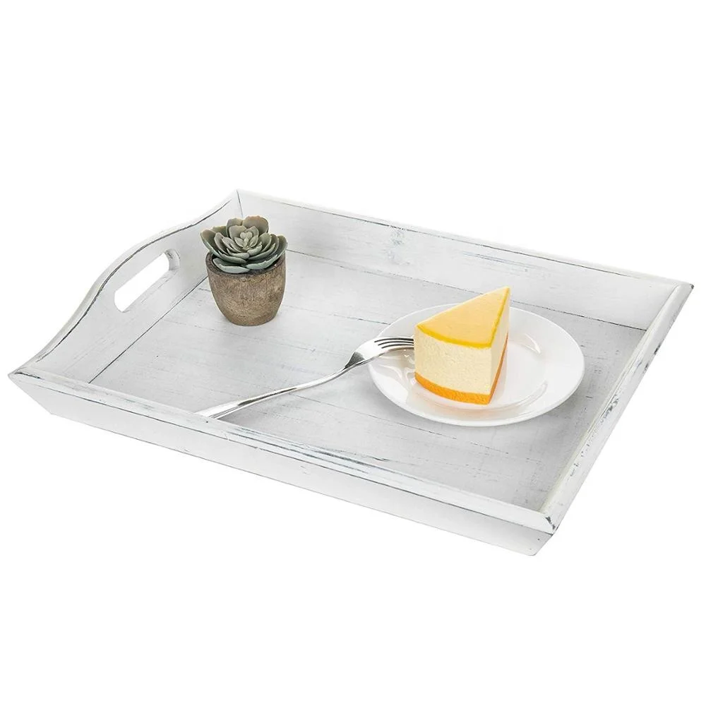 
Ottoman Tray 16-Inch Rustic Wooden Serving Tray With Handles Vintage White (IBEI hotsale product) 