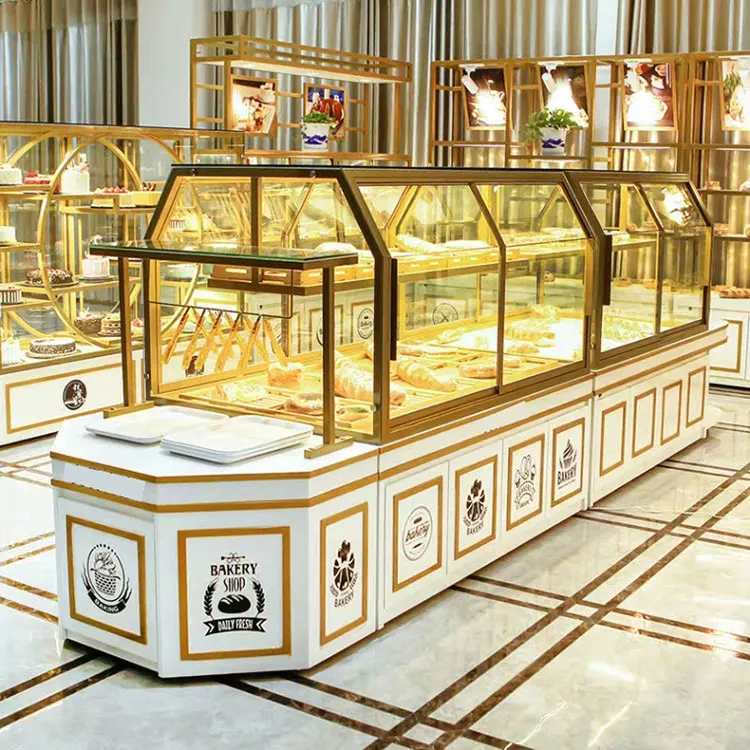 Floor Stand Supermarket Shelf Perpex Curved Glass Custom Cake Bread Acrylic Showcase Display Cabinet