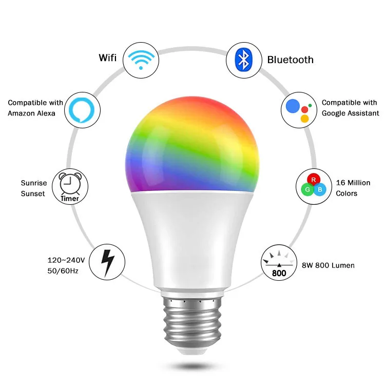 
Best Selling Product Smart Light Bulb 8W 800LM LED Bulb RGB A60 Smart Bulb B22 E26 E27 