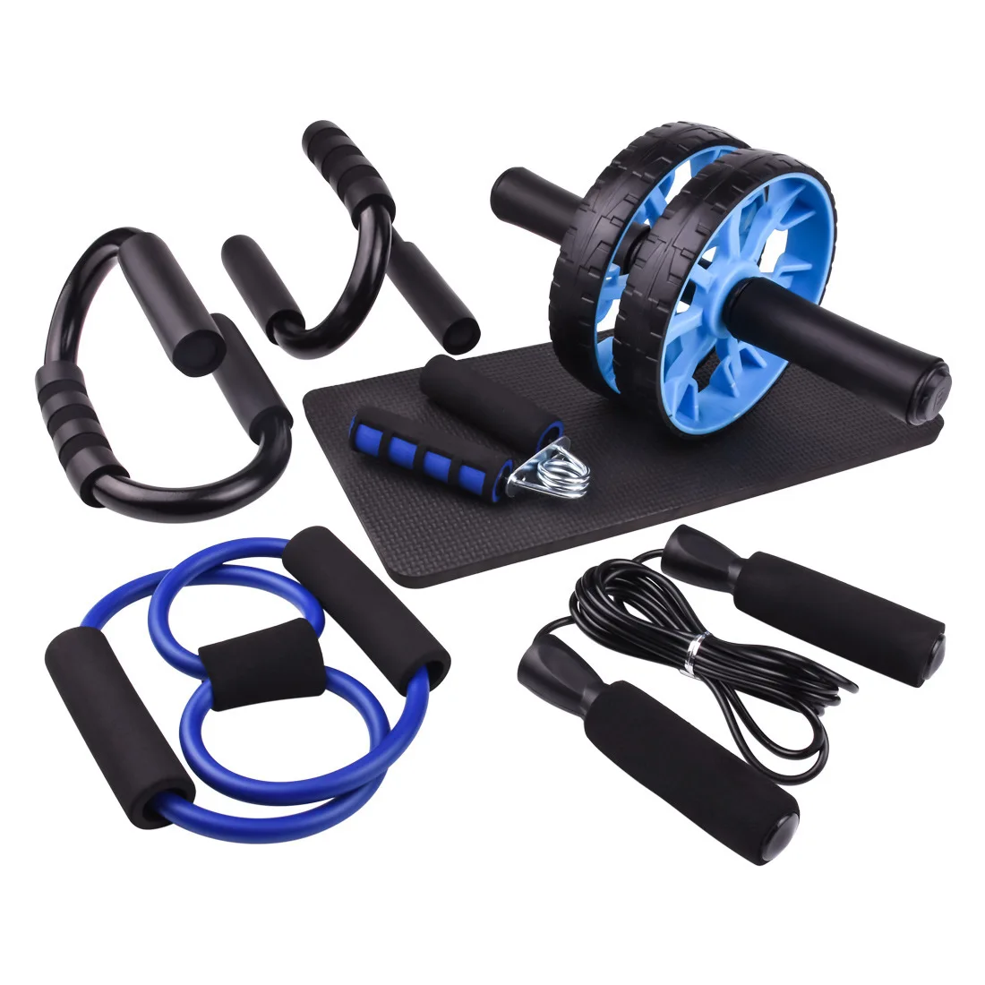 CHENGMO SPORTS hot sale 7 in 1 gym fitness set with AB wheel roller jump rope push up stand hand gripper and resistant bands