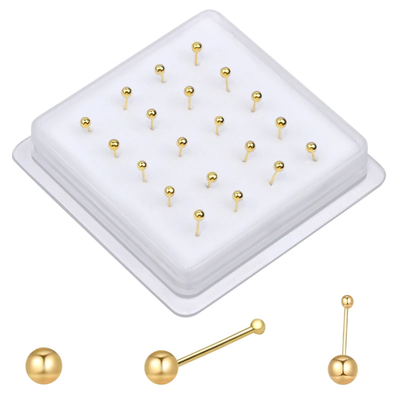 20 PCS 2MM Round Bead Shape Nose Studs Bendable Soft Ball End Nose Bone Pin Nostril Nose Piercing Boxed Jewelry Wholesale 22G