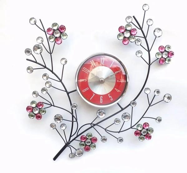Modern Design Clock Tree with Colorful Crystal Flowers Sunburst Beaded Metal Wall Clock for Home Decoration