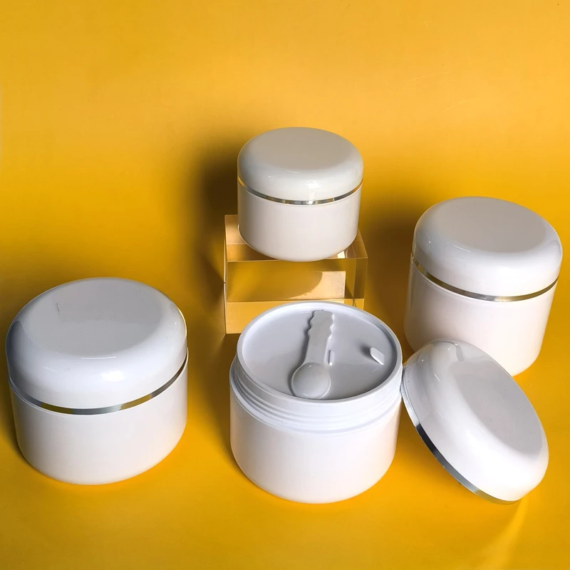 M739 HOT cosmetic container 100g 150g 200g 250g white pp plastic eye face body cream jar with silver gold line