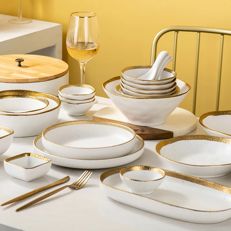 Hot sale Phnom Penh Fruit Salad Dessert Dishes White Breakfast Service Bowl Tray Sets Ceramic Plate with Gold Rim Tableware