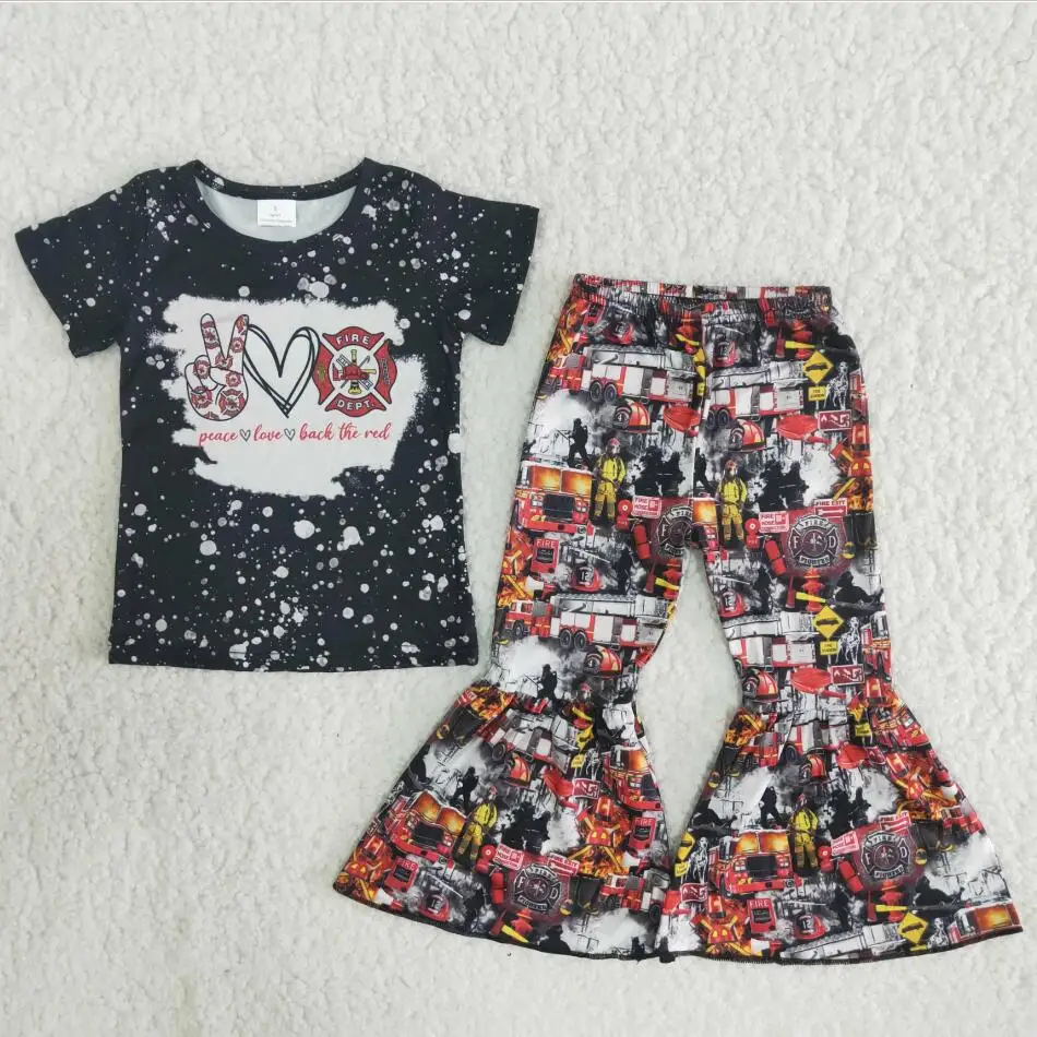 High Quality Fashion Bleached Short Sleeve Shirt Fire Truck Bell Bottom Set Baby Girls Spring Clothes Kid Clothing Outfits