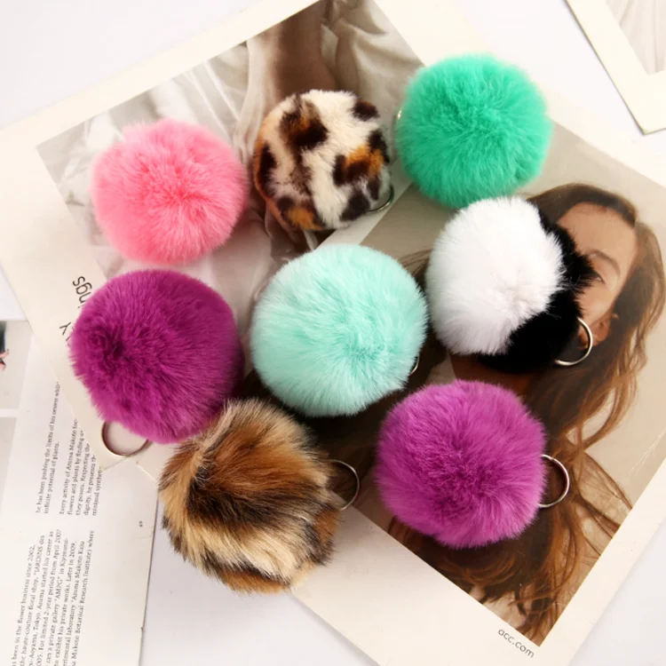 New arrival colorful furry puff ball cute soft car accessories keychains pendant pom pom keychain