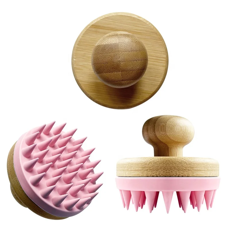 Custom Natural Wooden Bath Shower Shampoo Hair Scalp Massager Body Scrubbers Women Pets Bamboo Silicone Cleaning Hair Brush