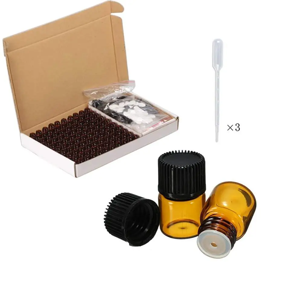 100 pack 1ml 2ml 3ml empty  glass essential oil bottle with air bubbles and orifice and hat makeup sample container