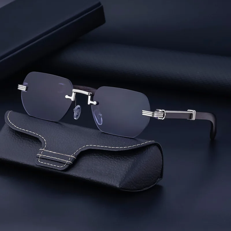 China Wholesale Small Square Shades Glasses man own brand Rimless Metal Diamond Cut Sunglasses Luxury Wood Sunglasses